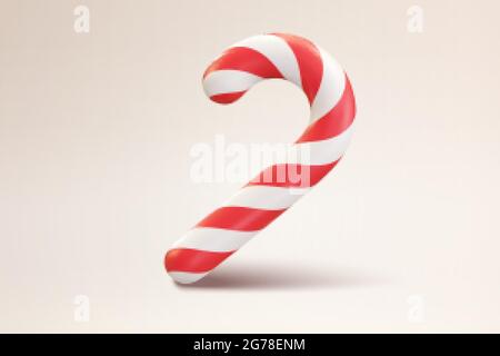 3d Christmas candy cane. Realistic illustration of walking stick dessert with red and white stripes Stock Vector