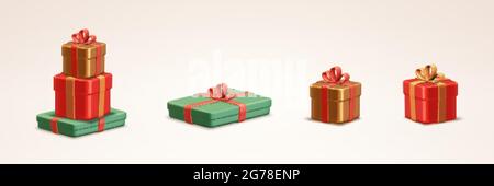 3d Christmas presents collection. Illustration of wrapped gift boxes with ribbon ties in different sizes on a white background Stock Vector