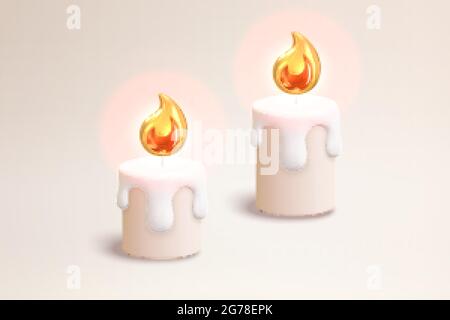 3d melted candles and flame lights. Illustration of two lit candles suitable for Christmas, ceremonial and ritual occasions Stock Vector