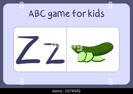 Kid alphabet mini games in cartoon style with letter Z- zucchini . Vector illustration for game design - cut and play. Learn abc with fruit and vegetable flash cards. Stock Vector