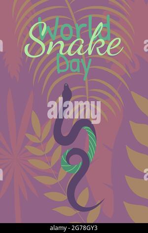 World snake day poster. Vector hand drawn illustration with snake, jungle leaf and lettering in warm violet color. Stock Vector