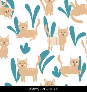 Cat and leaves, seamless pattern vector illustration. Sandy cats in different poses. Cute pets in the grass and leaves. Baby background for packaging, Stock Vector