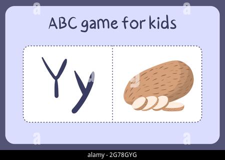 Kid alphabet mini games in cartoon style with letter Y - yam . Vector illustration for game design - cut and play. Learn abc with fruit and vegetable flash cards. Stock Vector