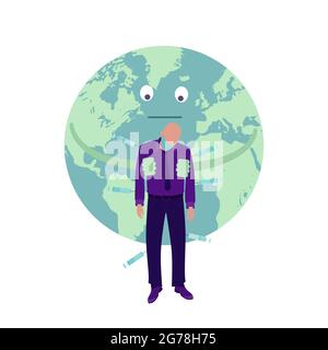 A man in a mask was injected with vaccinations in syringes on the background of the earth. Vector illustration. Stock Vector