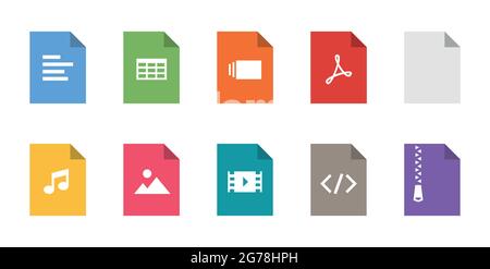 File types flat icon set. Vector file format pictograms pack Stock Vector