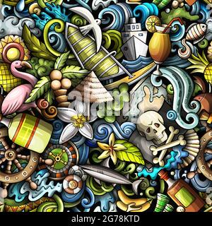 Cartoon doodles Bahamas seamless pattern. Backdrop with Bahamian culture symbols and items. Colorful detailed, with lots of objects background for pri Stock Vector