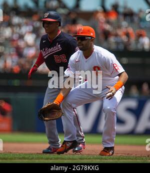 Washington Nationals' Juan Soto (22) celebrates his two-run home run during  the eighth inning of a baseball game against the San Diego Padres, Sunday,  July 18, 2021, in Washington. The Nationals won