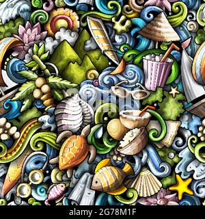 Cartoon doodles Mauritus seamless pattern. Backdrop with Mauritian culture symbols and items. Colorful detailed, with lots of objects background for p Stock Vector