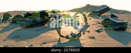 Broken glass bottles on the beach concept 3d render Stock Photo