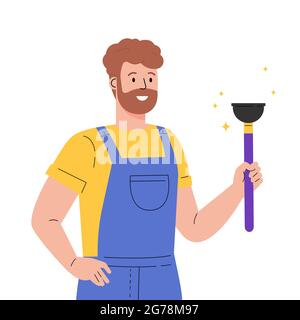 A man in a uniform with a plunger and a rag Stock Vector