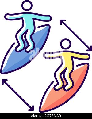 Keeping distance between surfers RGB color icon Stock Vector