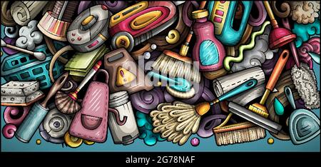Cleaning hand drawn doodle banner. Cartoon vector detailed flyer. Illustration with cleanup objects and symbols. Colorful horizontal background Stock Vector