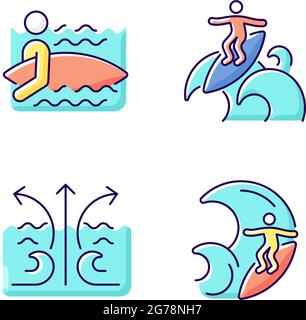 Riding wave using board RGB color icons set Stock Vector