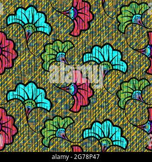 African Wax Print fabric, Ethnic handmade ornament seamless design, tribal pattern motifs floral elements. Vector texture, afro colorful textile Ankar Stock Vector