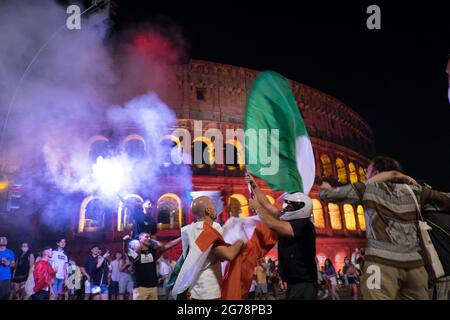 Italians Celebrate UEFA Euro 2020 Football Cup Victory in Rome Celebrations in downtown Rome under the Colosseum after Italy beating England Stock Photo