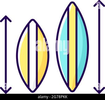 Choosing surfboard size RGB color icon Stock Vector