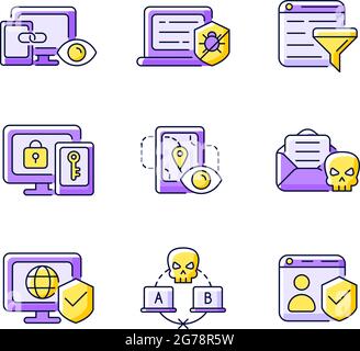 Internet surveillance purple RGB color icons set Stock Vector