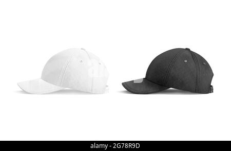 Blank black and white baseball cap mockup, side view, 3d rendering. Empty fabric headwear for sport outfit mock up, isolated. Clear female or male sna Stock Photo