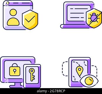 Protecting right to online privacy purple RGB color icons set Stock Vector