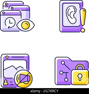 Computer activity monitoring purple RGB color icons set Stock Vector