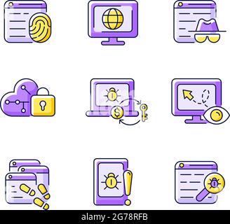 Online behavior monitoring purple RGB color icons set Stock Vector