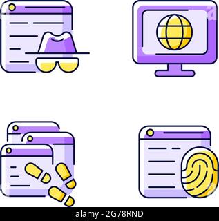 Online censorship purple RGB color icons set Stock Vector