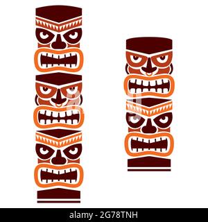 Tiki pole totem set vector tribal design in brown - traditional statue decor with faces set from Polynesia and Hawaii Stock Vector
