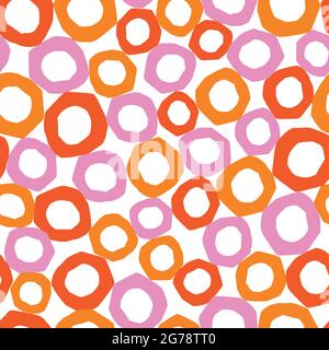 Hand-drawn Circles Abstract Seamless Background, Vector Repeating Pattern with Round paper cut shapes pink orange, Bubbles Simple Hand Drawn Texture Stock Vector