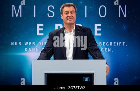 Ottobrunn, Germany. 12th July, 2021. Markus Söder (CSU), Minister-President of Bavaria, speaks at the inauguration of the new faculty building of the Technical University of Munich (TUM) for Aeronautics, Astronautics and Geodesy. Credit: Sven Hoppe/dpa/Alamy Live News Stock Photo