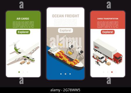 Cargo transportation 3 isometric mobile screens with air carrier ocean vessel freight trucking delivery van vector illustration Stock Vector