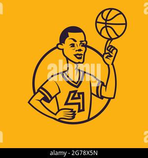 Man spinning ball on his finger. Basketball concept art in monochrome style. Stock Vector