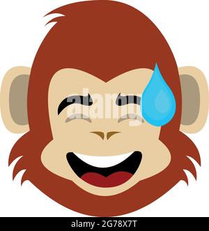 Vector emoticon illustration of a cartoon monkey's face with an expression of shame and a drop of sweat Stock Vector