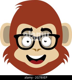 Vector emoticon illustration of the face of a cartoon monkey or chimpanzee with glasses Stock Vector