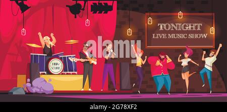 Rock band performing on stage and people dancing at live music show cartoon vector illustration Stock Vector