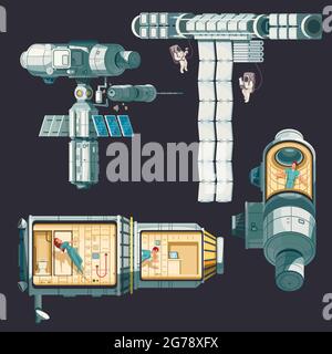 Orbital international space station colored composition it is disassembled into several segments rooms and different transmitters vector illustration Stock Vector