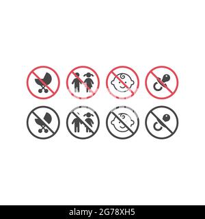 No children, no babies red prohibition sign. Not for kids signs with pram, dummy and baby vector icon set. Stock Vector