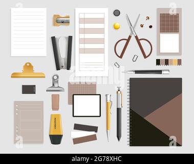 Office items set with scissors and pen realistic isolated vector illustration Stock Vector