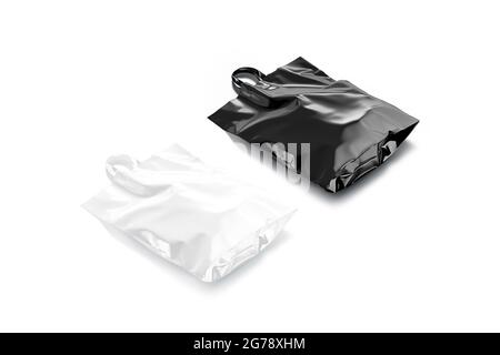 Blank black and white full loop handle plastic bag mockup, 3d endering.  Empty crumpled poly parcel mock up, top view, isolated. Clear cary wrapping  fo Stock Photo - Alamy