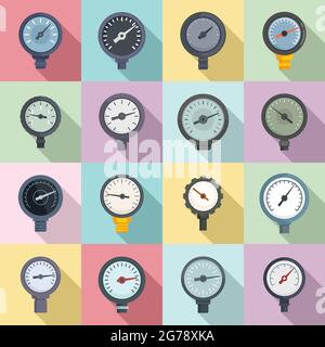 Manometer icons set flat vector. Pressure gauge. Reading manometer Stock Vector