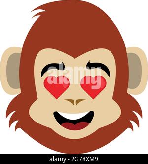 Vector emoticon illustration of the face of a cartoon monkey or chimpanzee with heart-shaped eyes Stock Vector