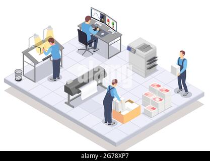 Printing house isometric composition with human characters of workers at computers drawing easels paper and printers vector illustration Stock Vector