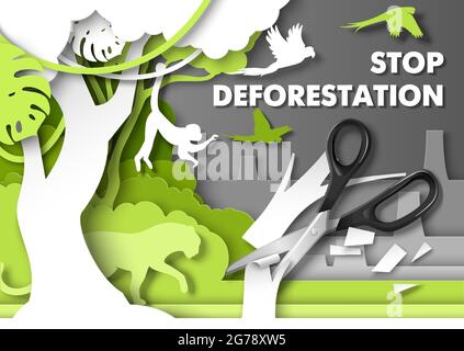 Stop deforestation poster. Jungle animals looking at scissors cutting rainforest tree, vector paper cut illustration. Stock Vector