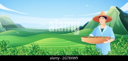 Natural tea production horizontal poster with chinese man busy harvesting on tea plantation flat vector illustration Stock Vector