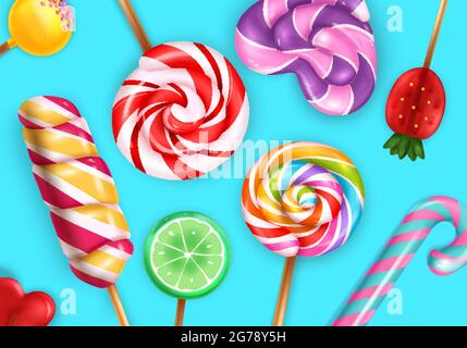 Lollipop candies closeup realistic top view seamless pattern with rainbow spiral pastel striped cane strawberry vector illustration Stock Vector