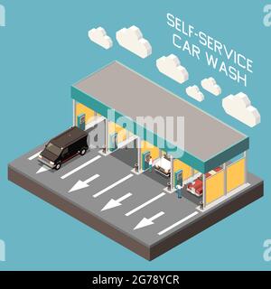 Isometric composition of self service car wash building on blue background 3d vector illustration Stock Vector