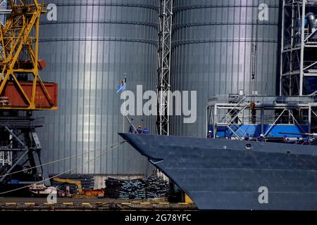 ODESA, UKRAINE - JULY 10, 2021 - A ship leaves the port after the end of the Exercise Sea Breeze 2021, Odesa, southern Ukraine. Stock Photo