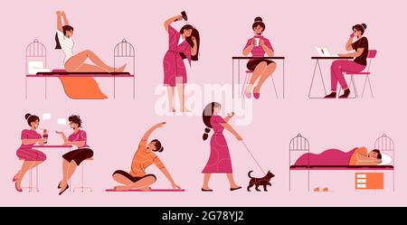 Woman daily routine set with isolated icons with doodle style female characters during various everyday activities vector illustration Stock Vector