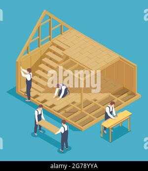 Modular frame building isometric composition with characters of workers and view of living house under construction vector illustration Stock Vector