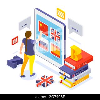 Online language courses isometric composition with with woman choosing chinese app on tablet screen vector illustration Stock Vector