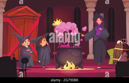 Magic school composition with indoor scenery and female teacher brewing potion with purple smoke and pupils vector illustration Stock Vector